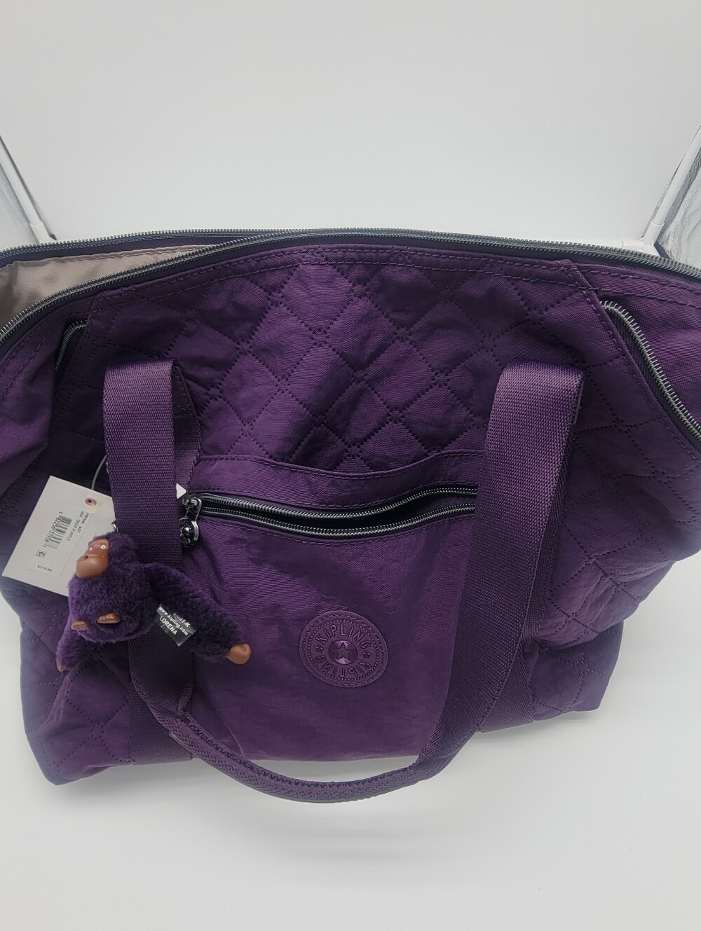 Kipling Deep Purple Quilted Tote with Monkey Charm